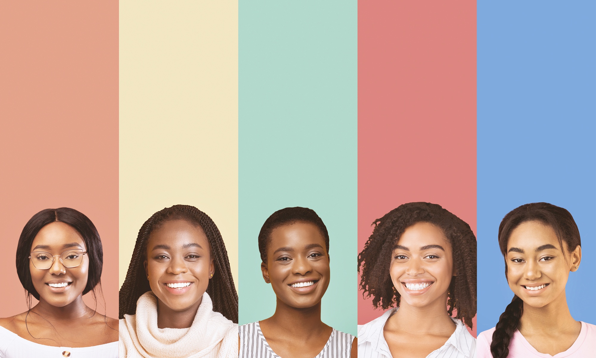 Five smiling young Black women representing the demographic targeted by The MGAM Scholarship Foundation, The MGAM Scholarship Foundation is a 501(c)(3) non-profit organization dedicated to supporting cis and transgender Black female students in their educational pursuits.